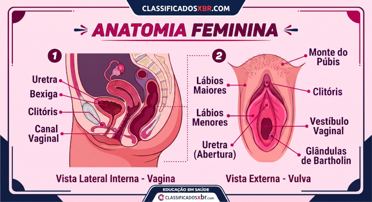 Infográfico mostrando como é a anatomia da vagina, com a anatomia da vulva e vagina vista de lado e de frente.