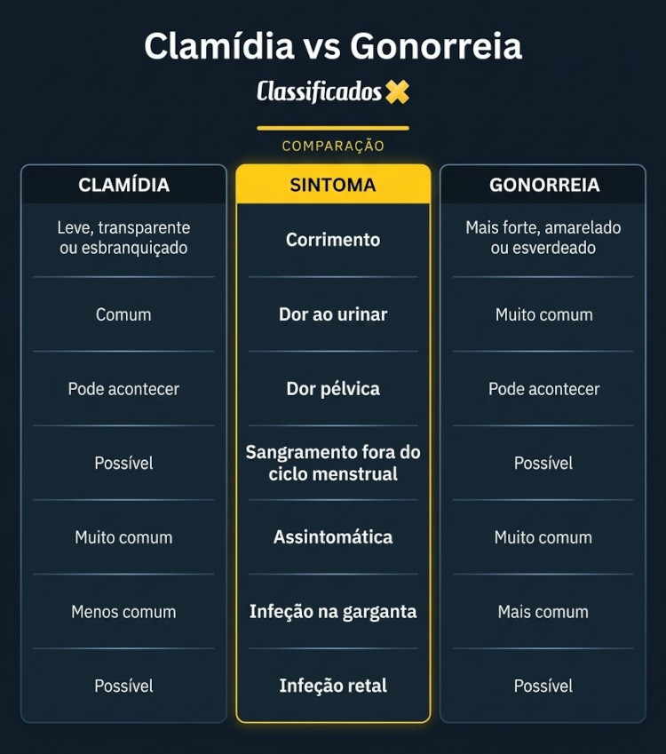 Infográfico que mostra uma comparação de sintomas entre clamídia e gonorreia.