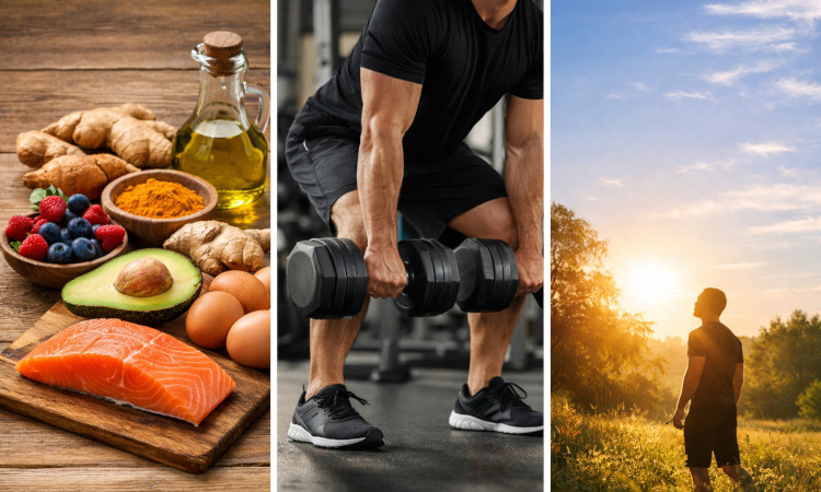 Três imagens numa composição sobre como aumentar a testosterona naturalmente, mostrando alimentos, homem a fazer agachamentos ao ar livre e homem a apanhar sol.