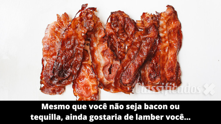 Meme erótico com fatias de bacon em fundo branco e a frase em fundo negro que diz: Mesmo que você não seja bacon ou tequila, eu ainda gostaria de lamber você. 