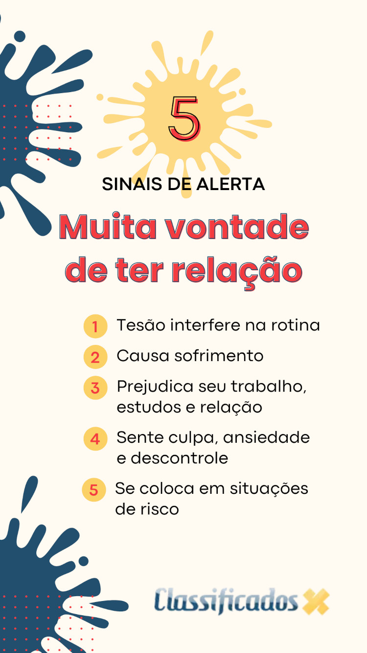 Infográfico com 5 sinais de alerta quando se sente muita vontade de ter relação.