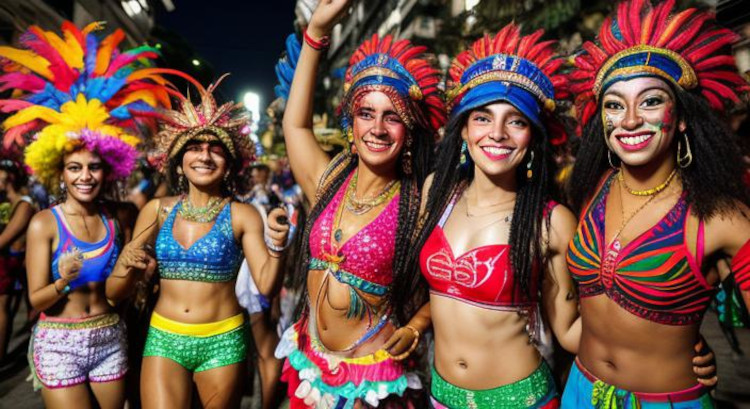 Cinco jovens mulheres brasileiras com bikini e festejando o Carnaval sem pensar nos sintomas da dengue.