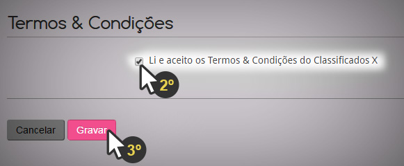 para concluir o processo de colocar fotos deve aceitar os Termos e Condições do Classificados X e clicar em gravar.